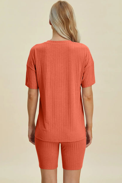 Basic Bae Full Size Ribbed V-Neck Short Sleeve Top and Shorts Set New Era Fashion LLc
