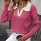 🧶 Women’s Lapel V-Neck Color-Block Long-Sleeve Pullover Sweater FitiqueFit