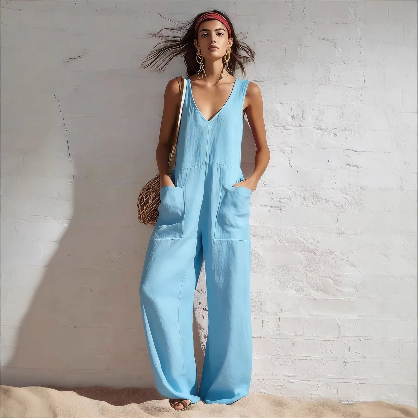 Women's Sleeveless V-Neck Pocketed Wide-Leg Jumpsuit – 5 Colors S–3XL FitiqueFit