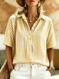 Women's Striped Short-Sleeve Shirt with Turn-Down Collar FitiqueFit