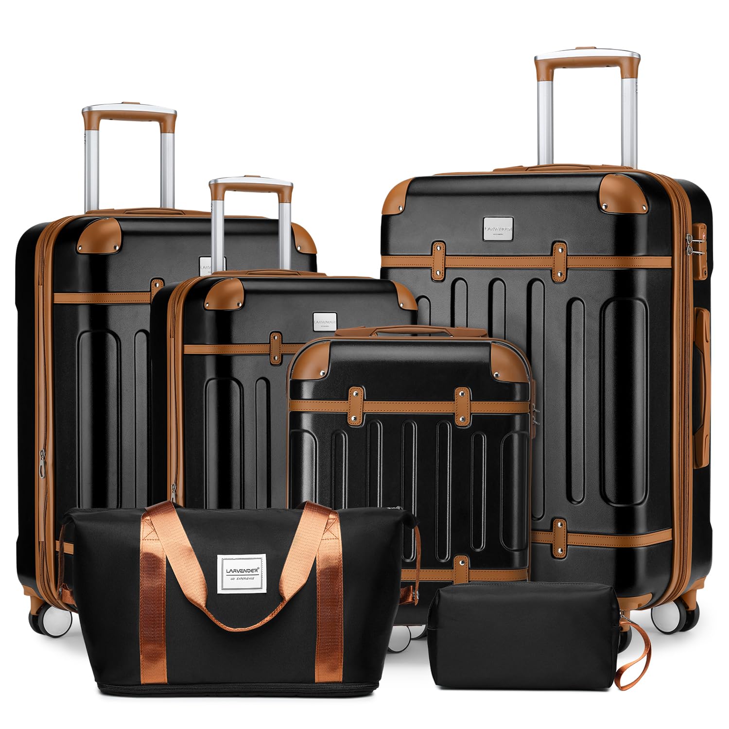 LARVENDER Luggage Sets 6 Piece Expandable Luggage Hardshell Suitcase Sets with Spinner Wheels TSA Locks Vintage Travel Luggage Set Clearance for Men and Women Black Brown New Era Fashion LLc