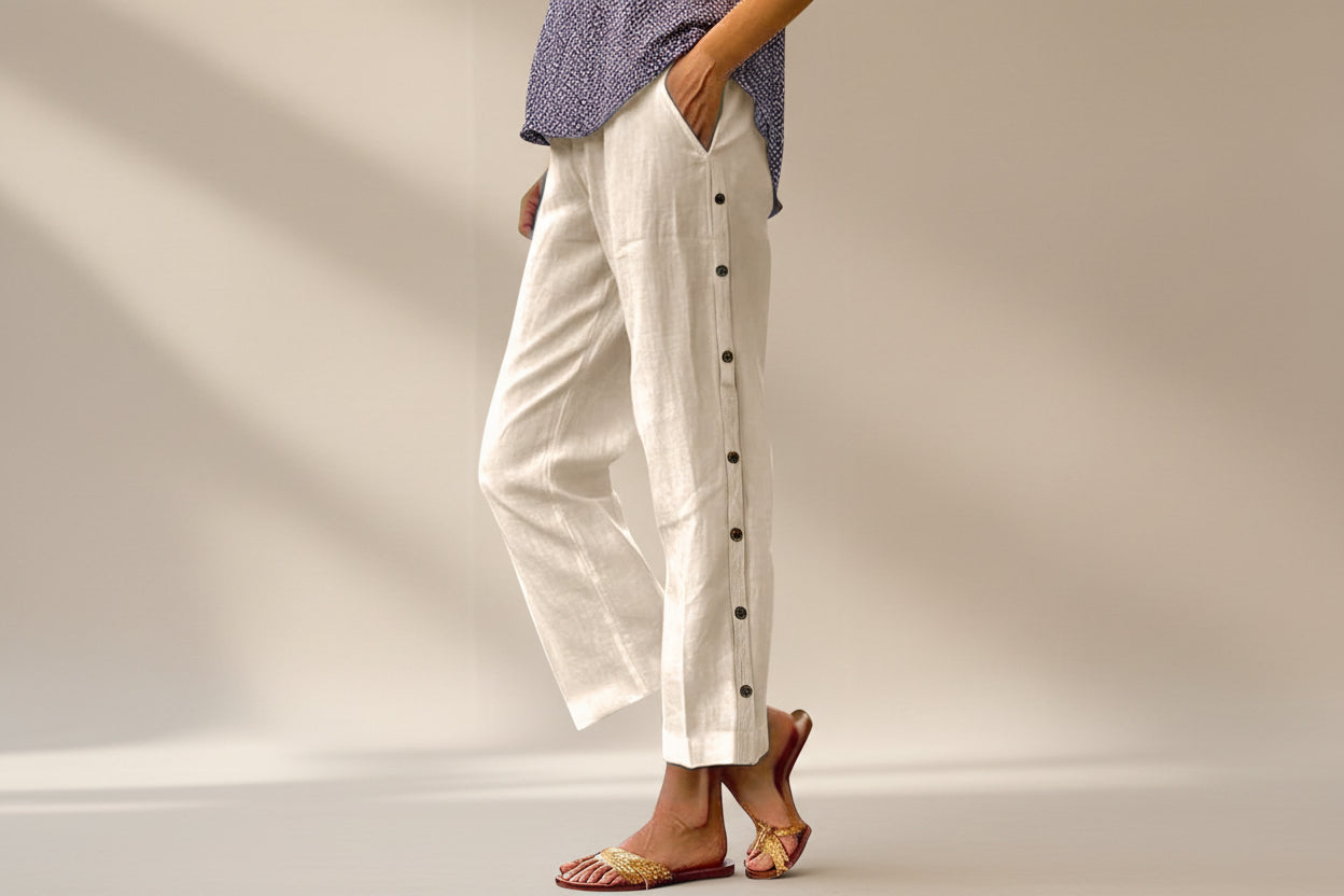 Cropped Pants With Decorative Buttons Along the Side Seams FitiqueFit
