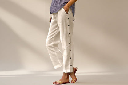 Cropped Pants With Decorative Buttons Along the Side Seams FitiqueFit