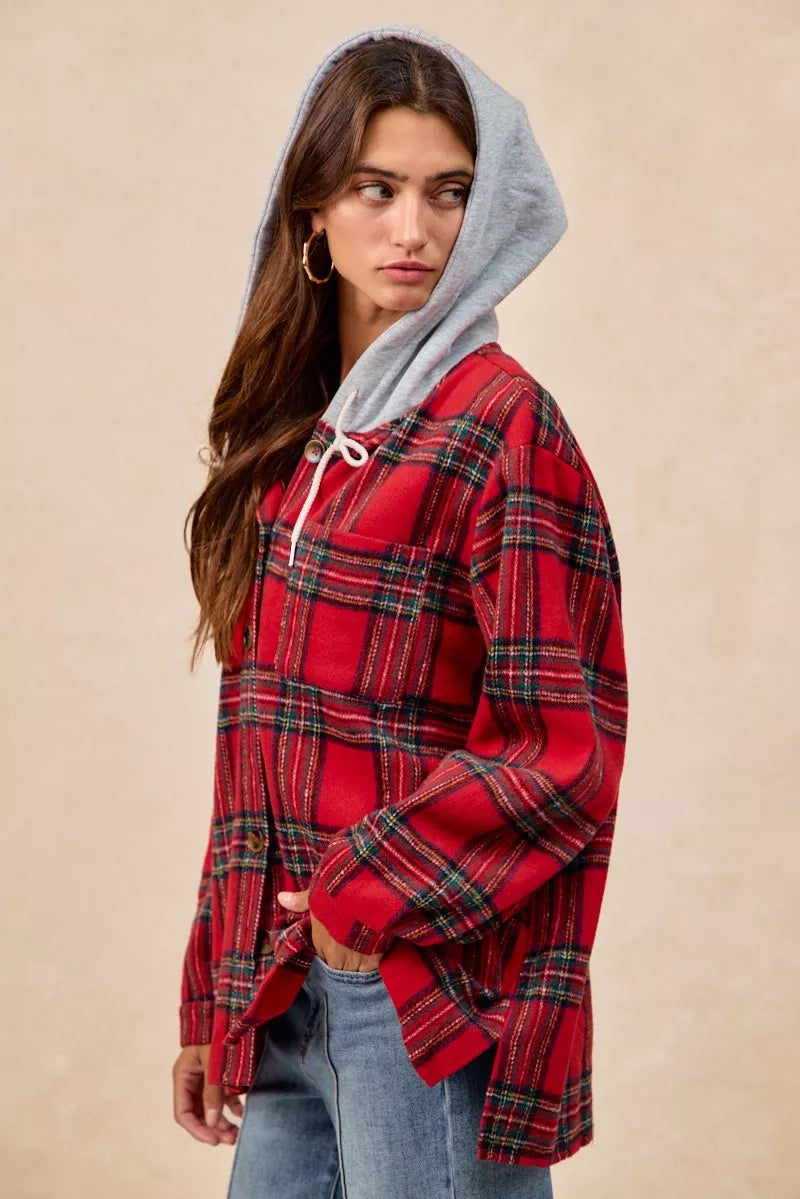 BiBi Brushed Plaid Hooded Jacket FitiqueFit
