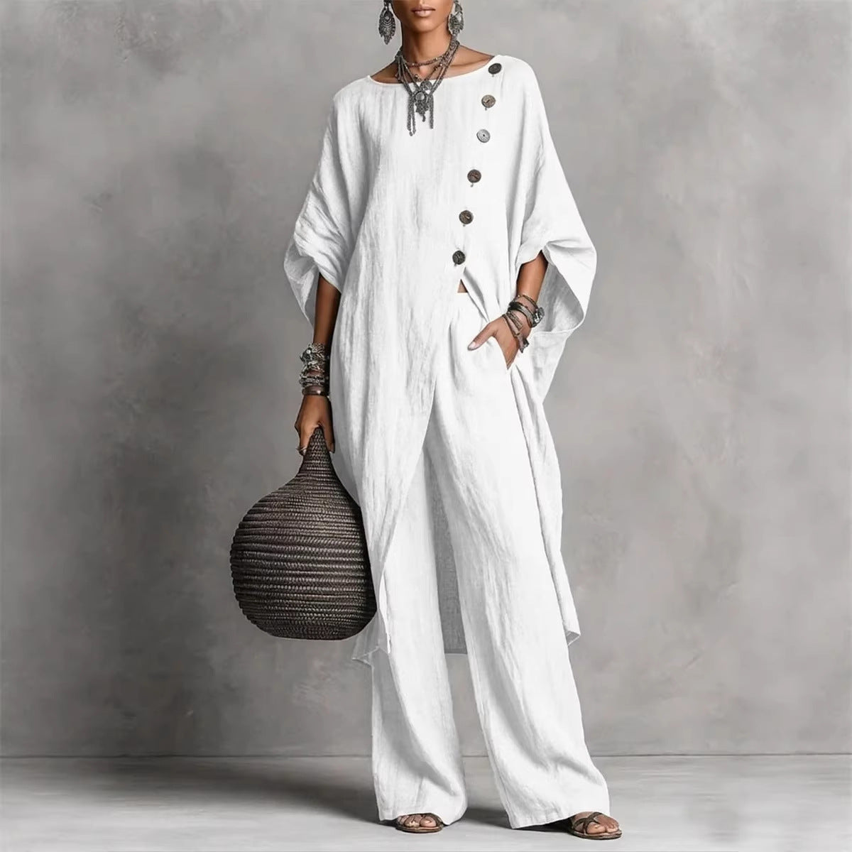 Women's Drop Shoulder Three-Quarter Sleeve Irregular Shirt & Pants Set FitiqueFit