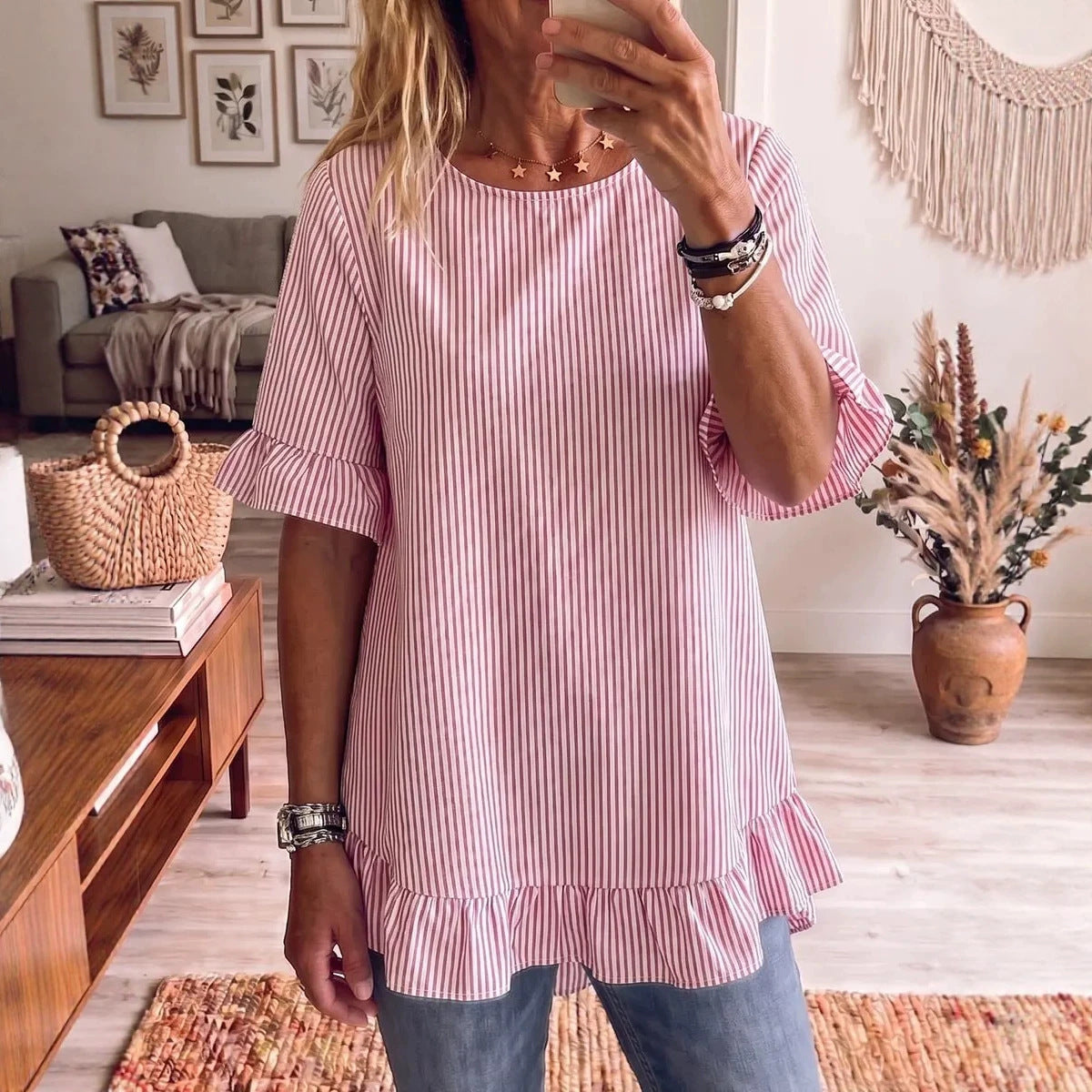 Women's Striped Ruffle-Sleeve Loose-Fit Blouse – Three-Quarter Sleeve FitiqueFit