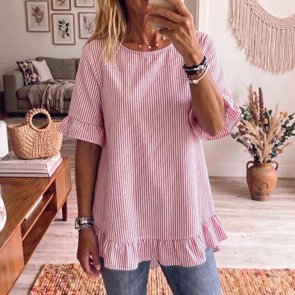 Women's Striped Ruffle-Sleeve Loose-Fit Blouse – Three-Quarter Sleeve FitiqueFit