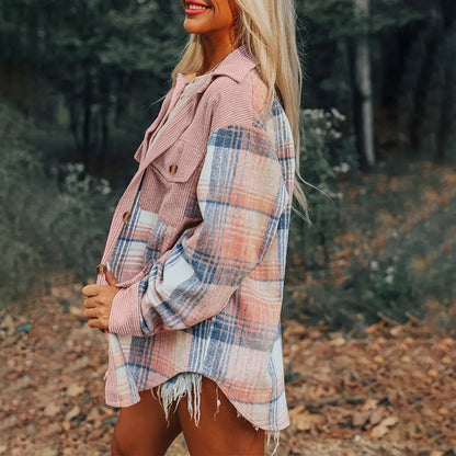 Women's Notch Lapel Check Print Long Sleeve Shirt FitiqueFit