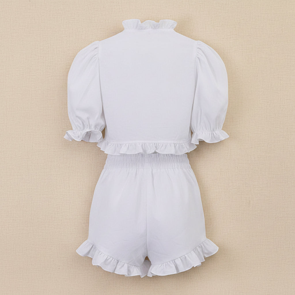 Women's Ruffled Linen-Blend Cropped Blouse & Shorts Set FitiqueFit