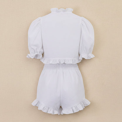 Women's Ruffled Linen-Blend Cropped Blouse & Shorts Set FitiqueFit