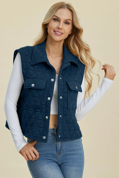 Double Take Full Size Pocketed Texture Snap Down Vest Coat New Era Fashion LLc