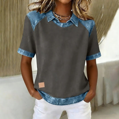 Patchwork Knitted Shirt Short-Sleeve Lapel Button-Up Shirt For Women FitiqueFit