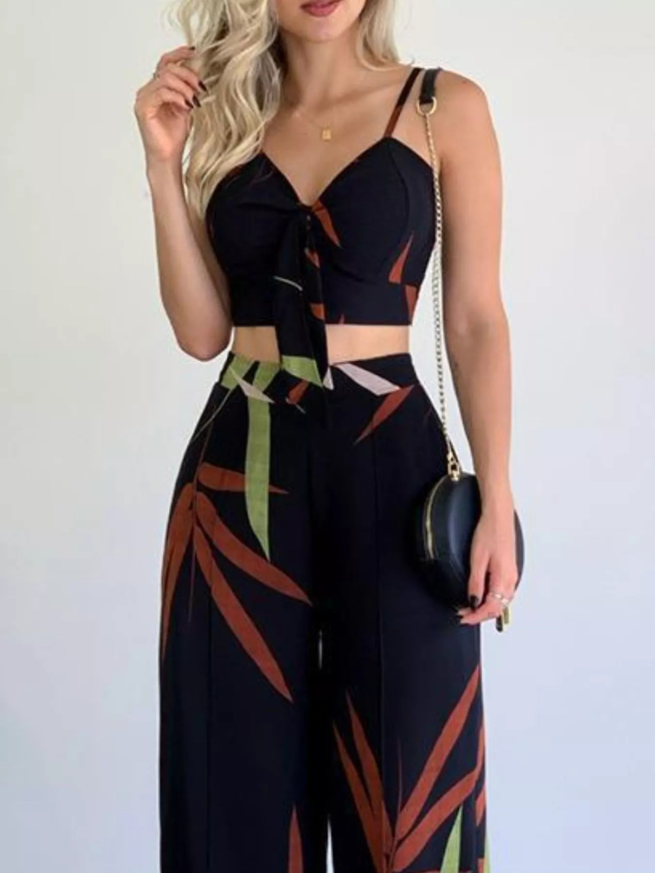 Tropical Print Spaghetti Strap Crop Top and Wide Leg Pants Set New Era Fashion LLc