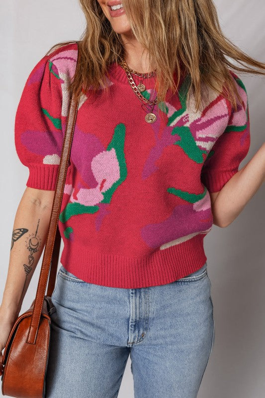 Floral Abstract Short Puff Sleeve Sweater Shop Style & More | Fresh Looks, Everyday Deals & Free Shipping