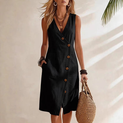 Women's Resort V-Neck Sleeveless Asymmetrical-Button Midi Dress FitiqueFit