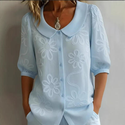 Women's Loose-Fit Retro 3D Embroidered Floral Shirt – Buttoned Casual Top FitiqueFit