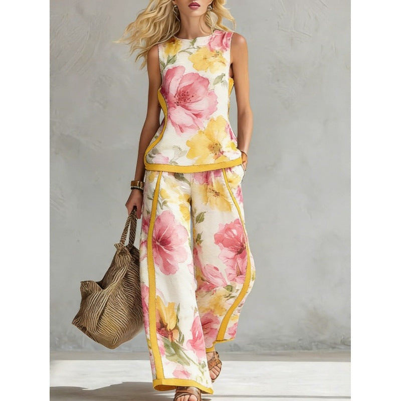 Printed Retro Sleeveless Top & Wide-Leg Pants Set | 12 Prints S–5XL FitiqueFit