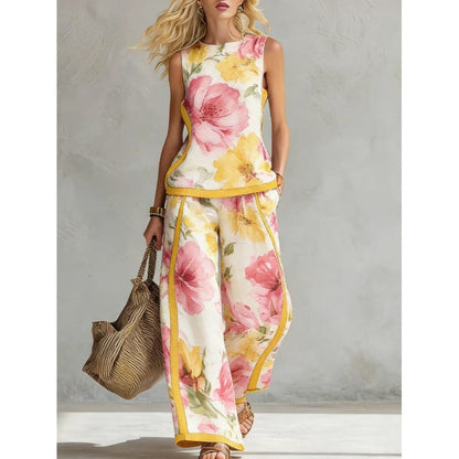 Printed Retro Sleeveless Top & Wide-Leg Pants Set | 12 Prints S–5XL FitiqueFit