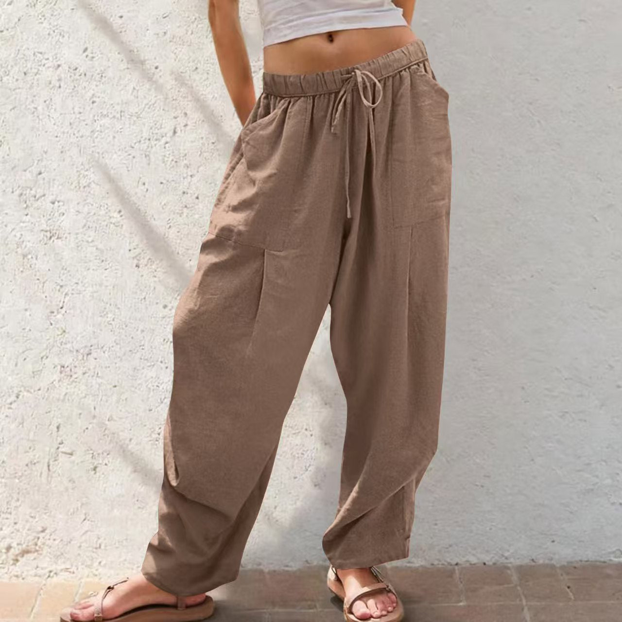 Womens Solid-Color Cotton-Linen Casual Loose Straight Pockets Lounge Pants With Drawstring See size chart under “more details” The Fashion Celestial