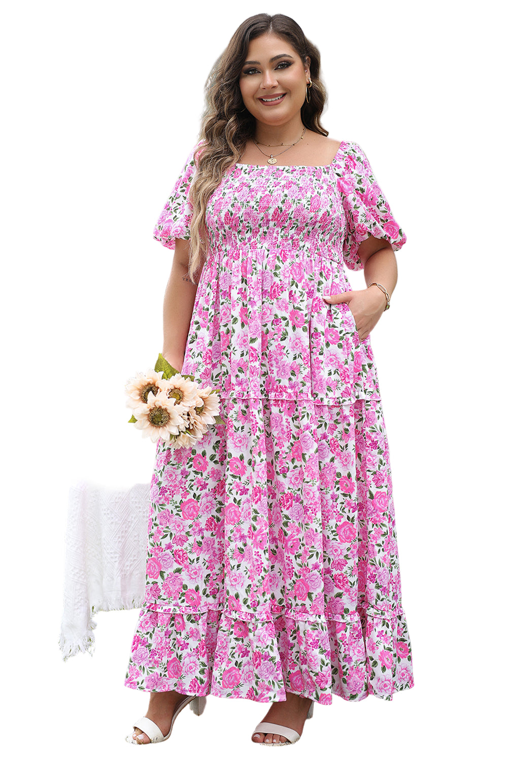 Pink Plus Size Floral Print Smocked Puff Sleeve Dress Garden Naked Curves