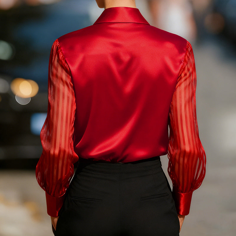 Women’s Satin Lapel Collar Blouse – Sheer Long Sleeve Button-Down Shirt for Office & Spring/Autumn Wear FitiqueFit