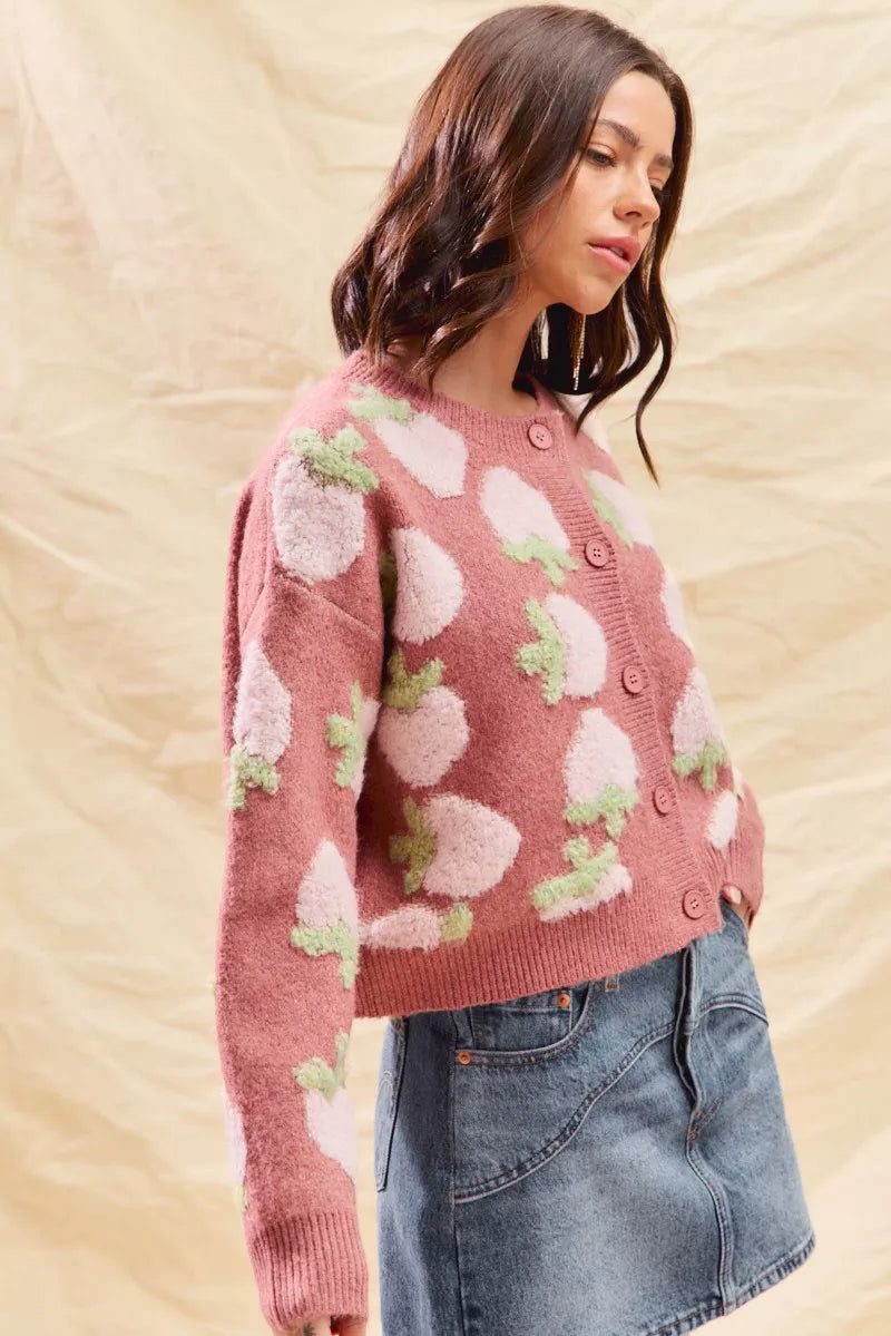 SO ME Strawberry Fruit All Over Button Sweater Cardigan FitiqueFit
