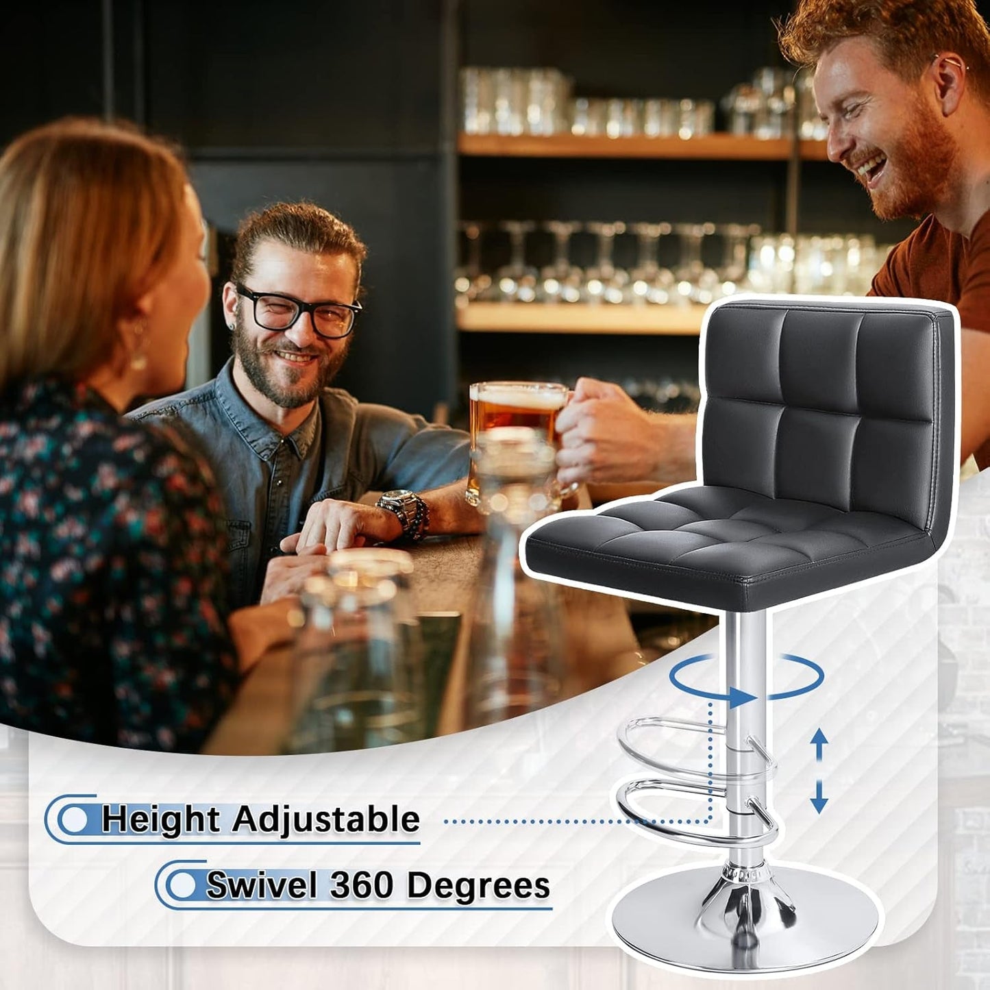 Modern PU Leather Adjustable Swivel Bar Stools, Armless Hydraulic Kitchen Counter Barstools, Extra Height Square Island Barstools with Back, Set of 2 (Black) New Era Fashion LLc