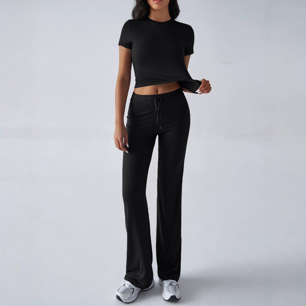 Crew Neck Short Sleeve Top & Full-Length Pants Set – Solid Color, 10 Colors FitiqueFit