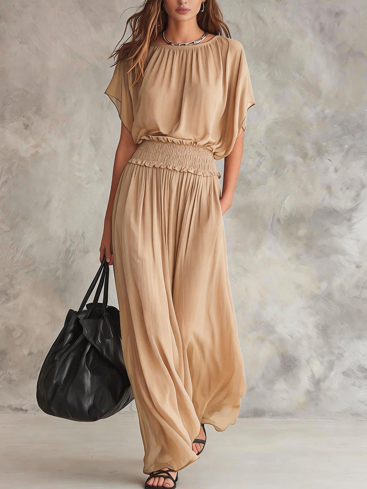 Women's Chiffon High-Waist Ruched Maxi Dress FitiqueFit
