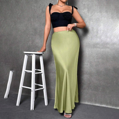 Women's Elegant Satin High Waist Flared Midi Skirt Cocktail Party Wedding Long Skirt Grayceful LLC