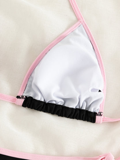 Contrast Trim Tie Side 2 Piece Bikini Swimsuit, Triangle Halter Tie Back Neck Stretchy Beachwear, Cute & Sexy, Women's Swimwear & Clothing NovaCart