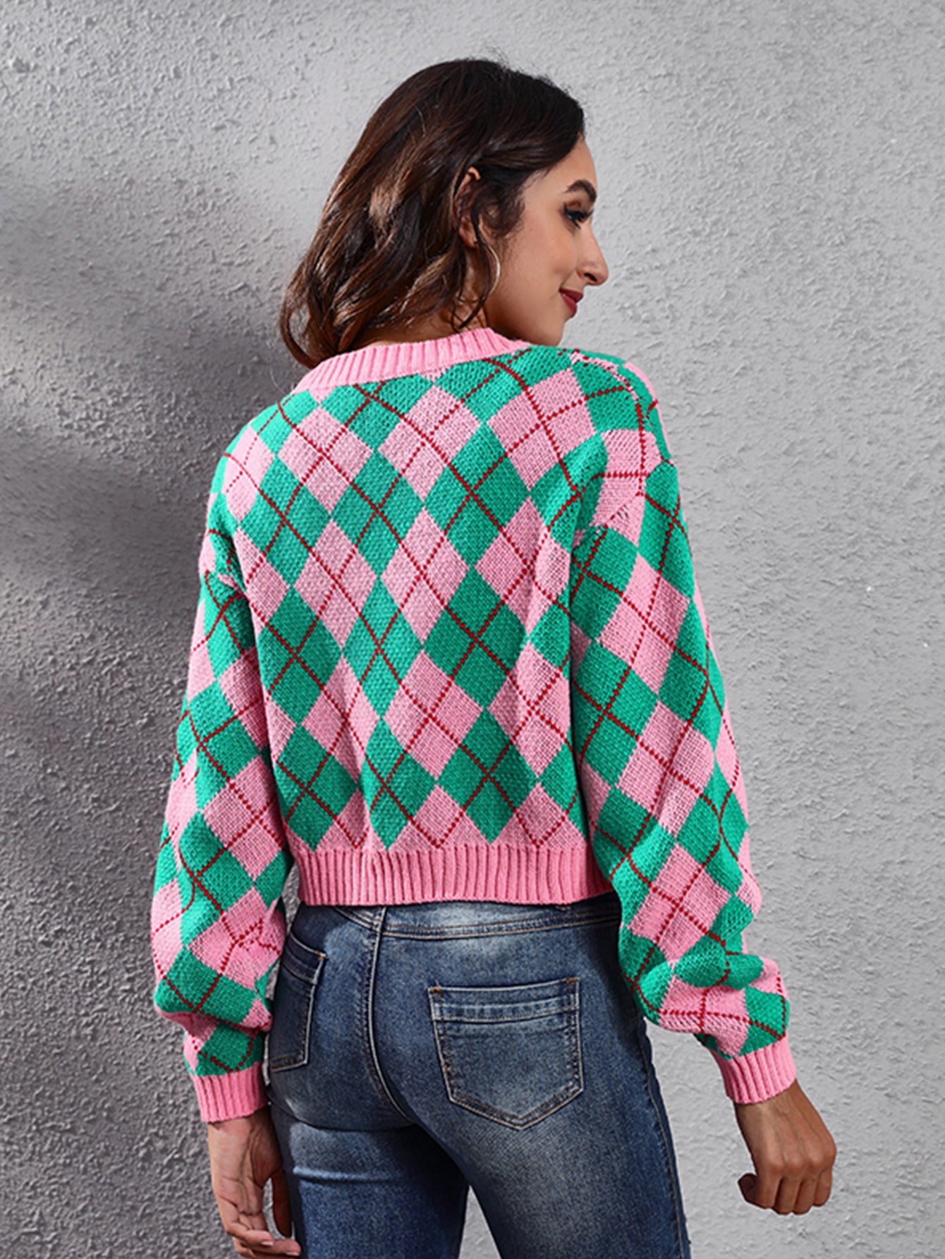 Women'S Elegant Tartan Knit Cardigan, V-Neck Short Length Sweater with Button Detail, Acrylic 100% Long Sleeve Knitwear for Fall/Winter NovaCart