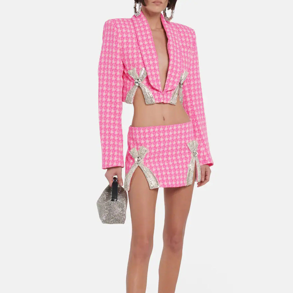Niche Design Rhinestone Bow Knitted Coat Skirt Outfit See size chart under “more details” The Fashion Celestial