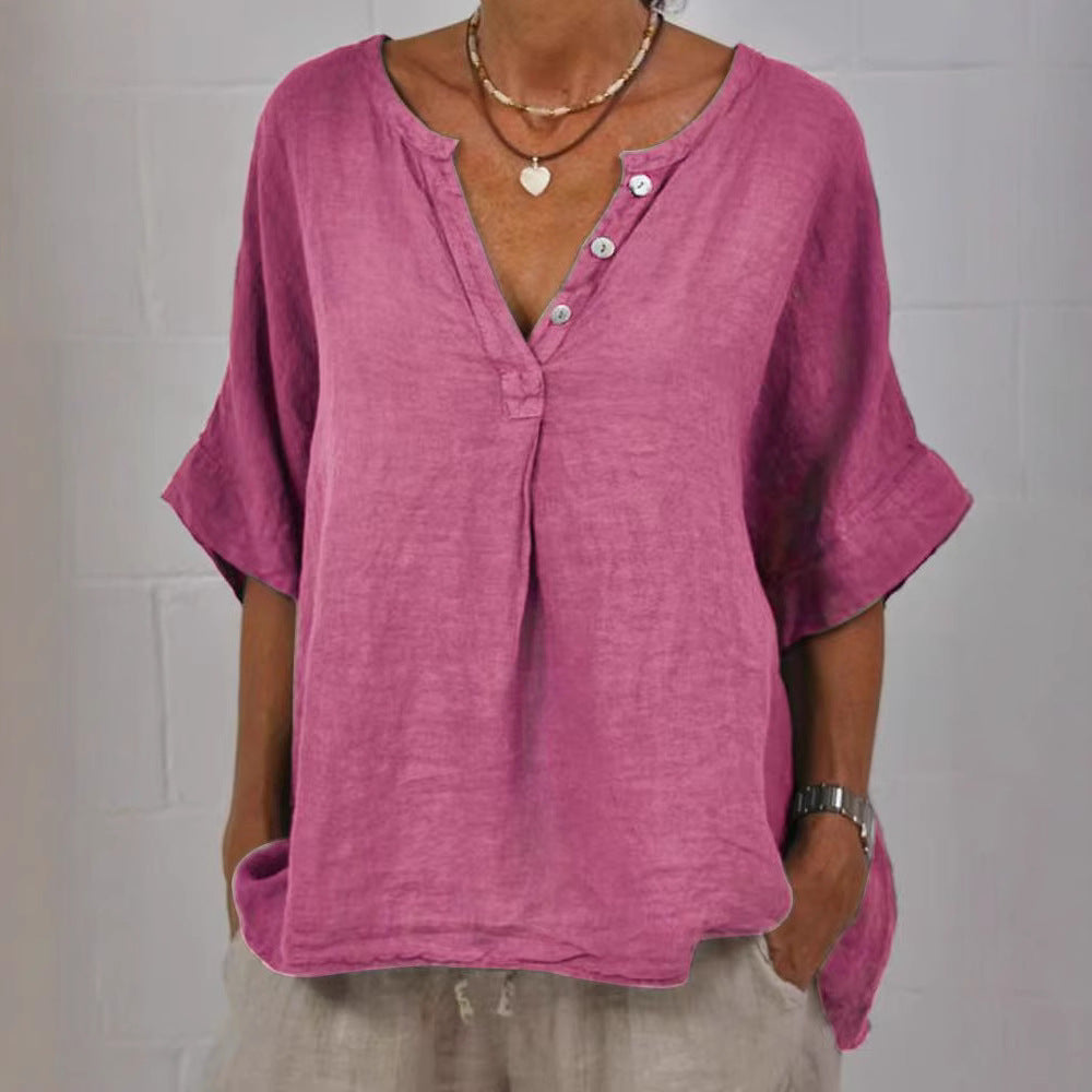 Women's Cotton Linen V-Neck Button-Up Shirt FitiqueFit