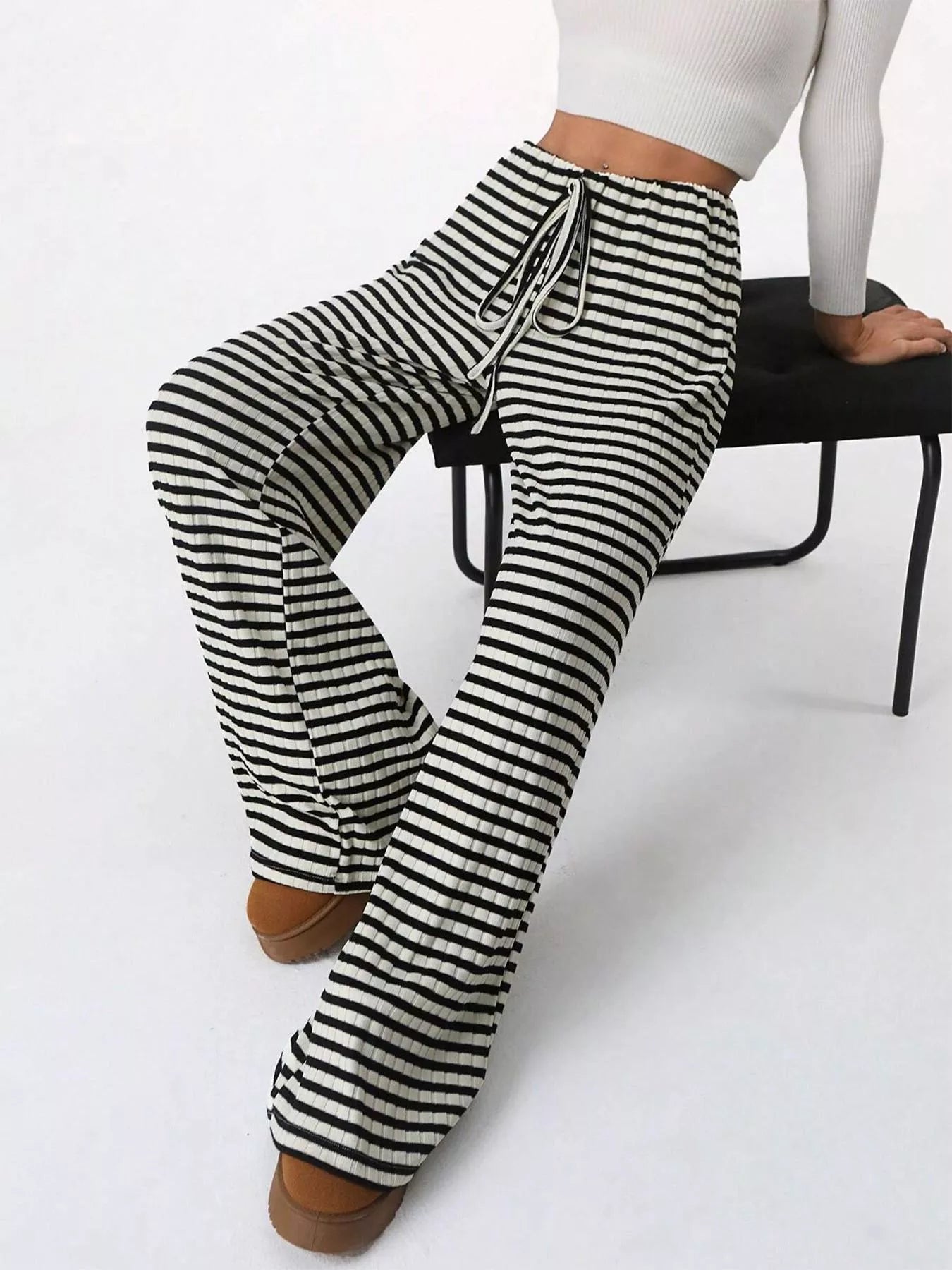 Striped Ribbed Knit Drawstring Waist Wide Leg Pants New Era Fashion LLc
