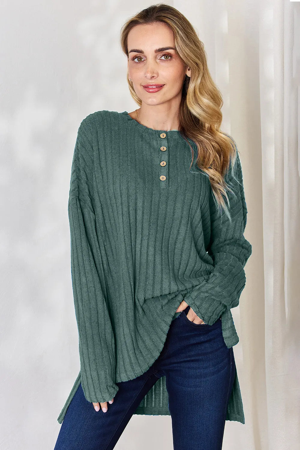 Basic Bae Full Size Ribbed Half Button Long Sleeve High-Low T-Shirt New Era Fashion LLc