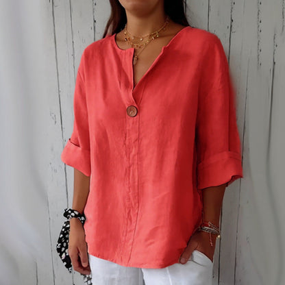 Women's V-Neck Long-Sleeve Button Top – Loose Fit Casual Blouse FitiqueFit
