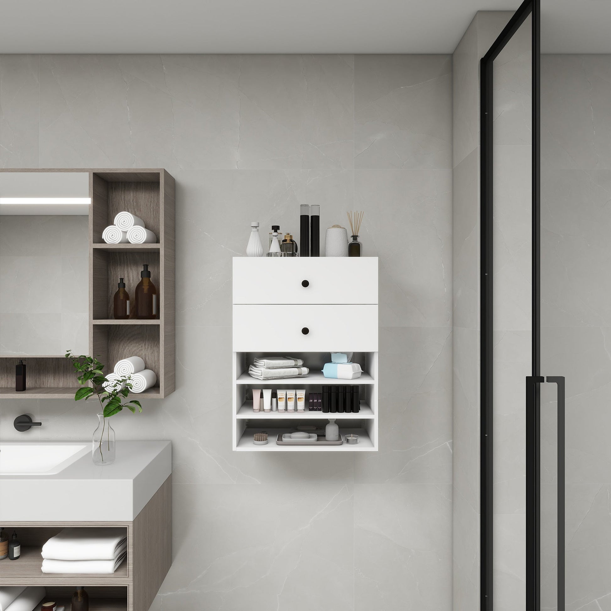 C1 Modular Wooden Closet Organizer System with 2 Drawers 3 Shelves Wall Mount Shelving for Walk in Closet Bedroom Organization Built in Clothes Storage White 23.62''W x 16.04''D x 31.49''H New Era Fashion LLc
