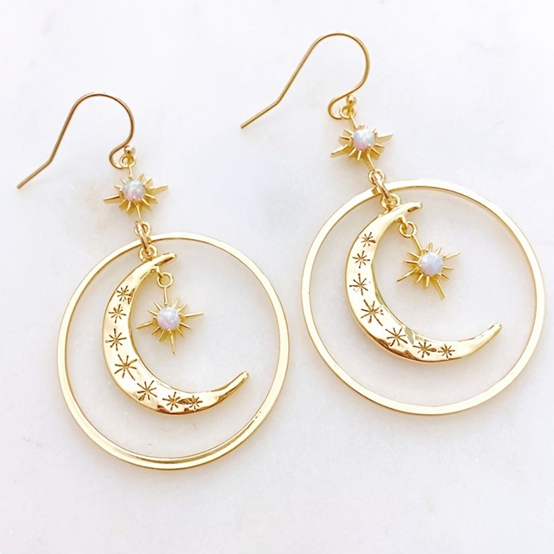 Elegant Boho-Chic Golden-Tone Moonstone Dangle Earrings for Women - Crescent Moon with Star Motifs, Zinc Alloy, Perfect for Daily Wear & Parties, Moon Earrings NovaCart