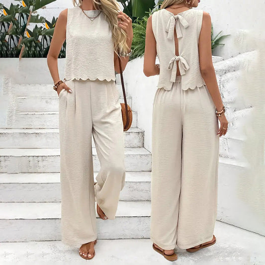 Elegant 2-Piece Matching Set, Sleeveless Crop Top And Wide Leg Pants Outfits FitiqueFit