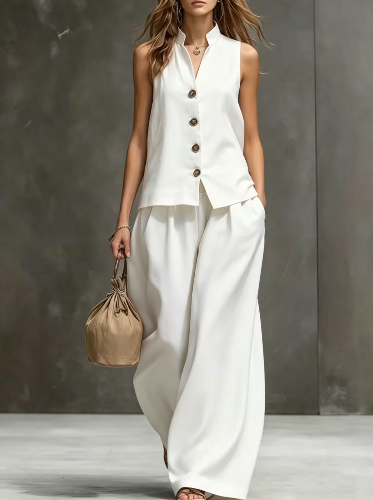 Women's Sleeveless Vest & Wide-Leg Pants Two-Piece Set – Cotton Linen FitiqueFit