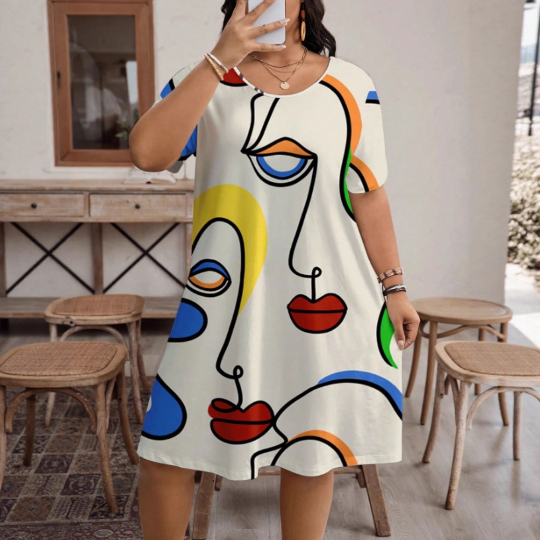 Women’s Casual Printed Round Neck Short Sleeve Dress FitiqueFit