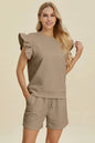 Double Take Full Size Texture Round Neck Ruffle Sleeve Top and Shorts Set West2East Surf