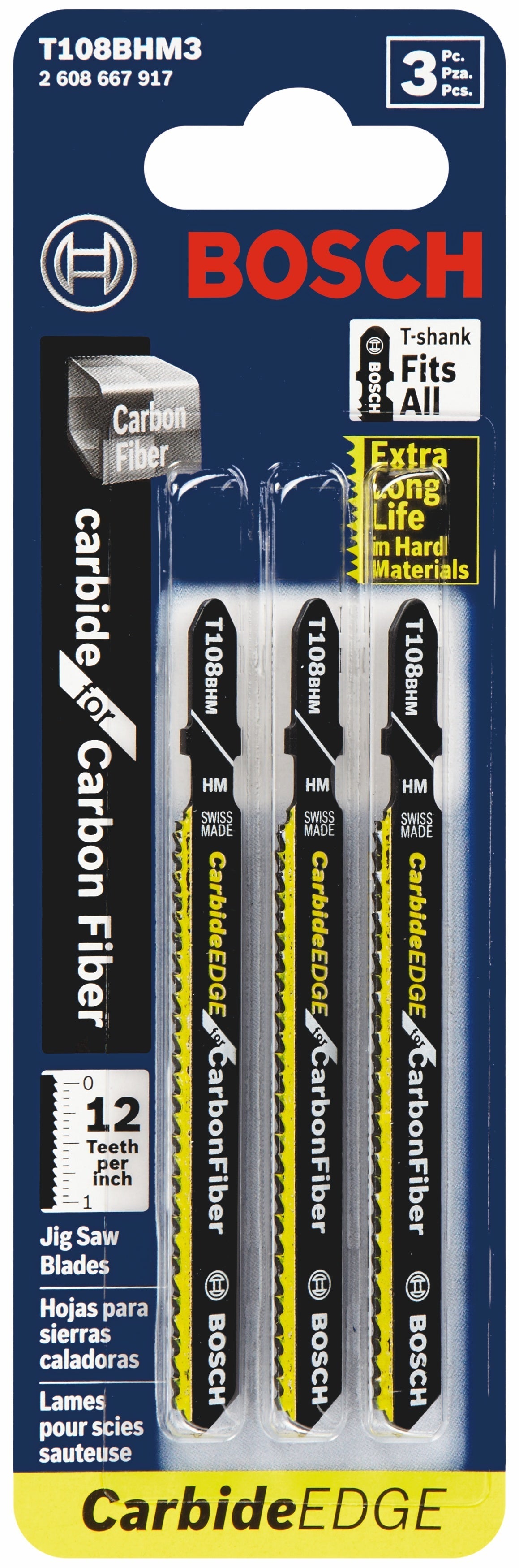 BOSCH T108BHM3 3 pc. 3-5/8 In. 12 TPI Carbide Edge for Carbon Fiber T-Shank Jig Saw Blades VM Hardware