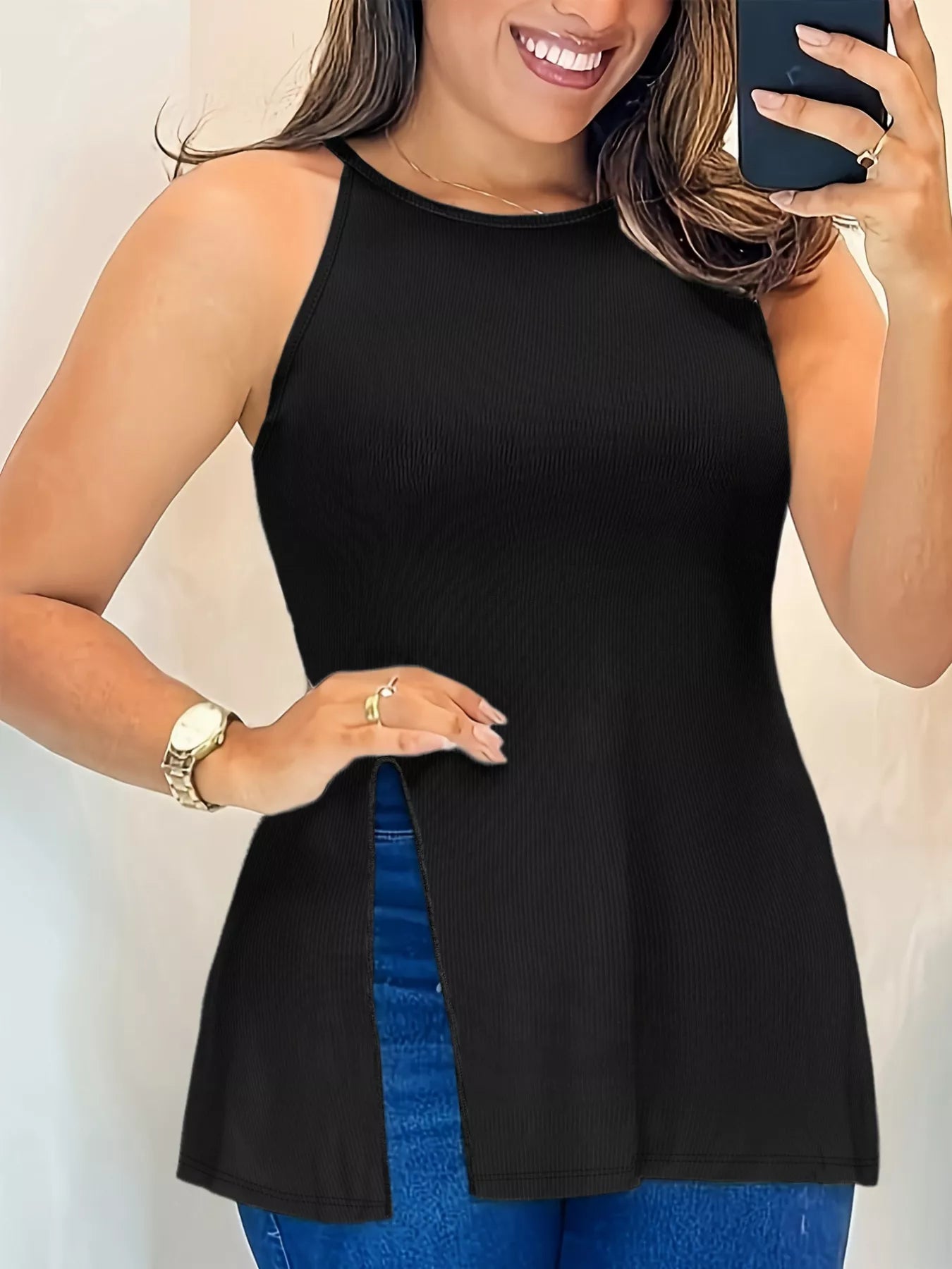 Plus Size Slit Round Neck Cami See size chart under “more details” The Fashion Celestial