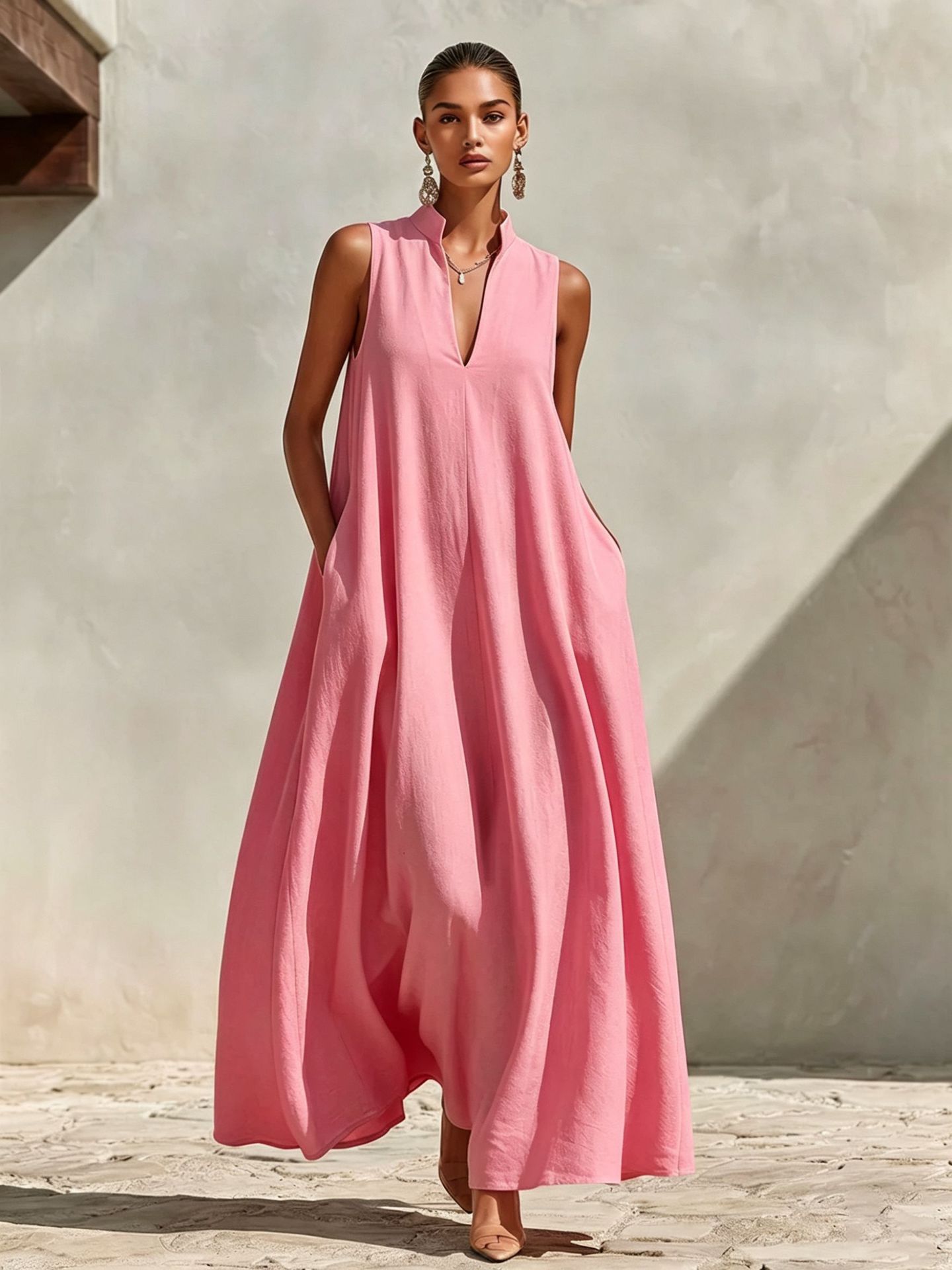 Linen Blend Sleeveless Stand-Collar Maxi Dress – 5 Colors S–3XL FitiqueFit