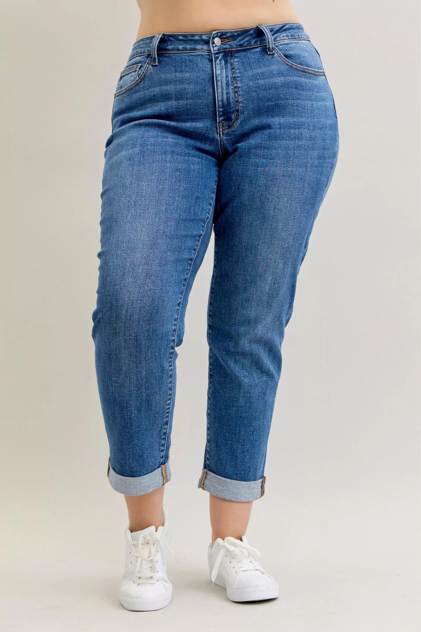 Judy Blue Full Size Mid Rise BF Classic Cuffed Jeans Plus Size Garden Naked Curves
