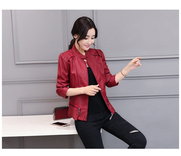 Korean-Style Slim Fit Motorcycle Leather Coat — Stand-Up Collar FitiqueFit