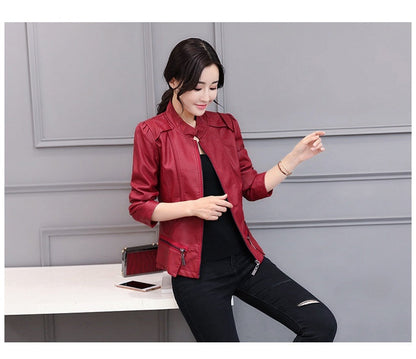 Korean-Style Slim Fit Motorcycle Leather Coat — Stand-Up Collar FitiqueFit