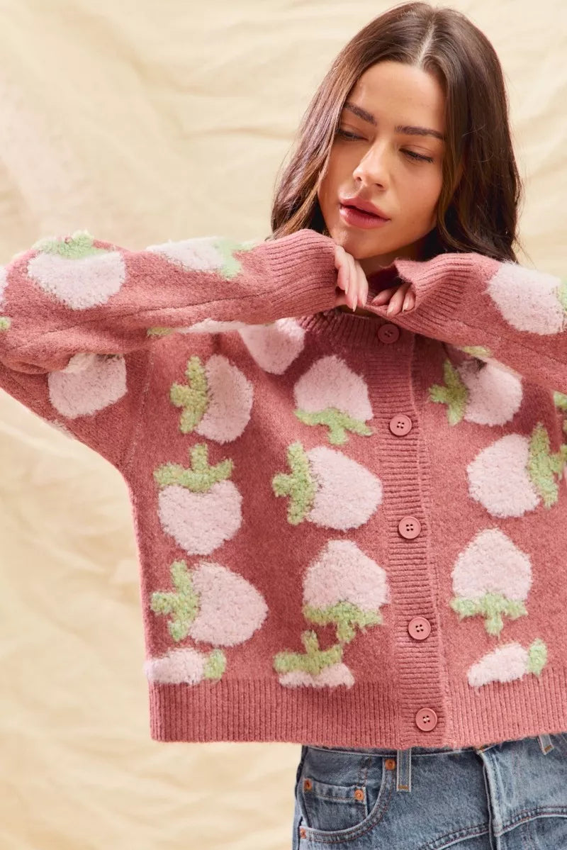 SO ME Strawberry Fruit All Over Button Sweater Cardigan FitiqueFit